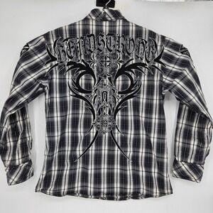 Roar Shirt Mens XL Plaid Embroidered Button Up Western Goth Long Sleeve Grunge